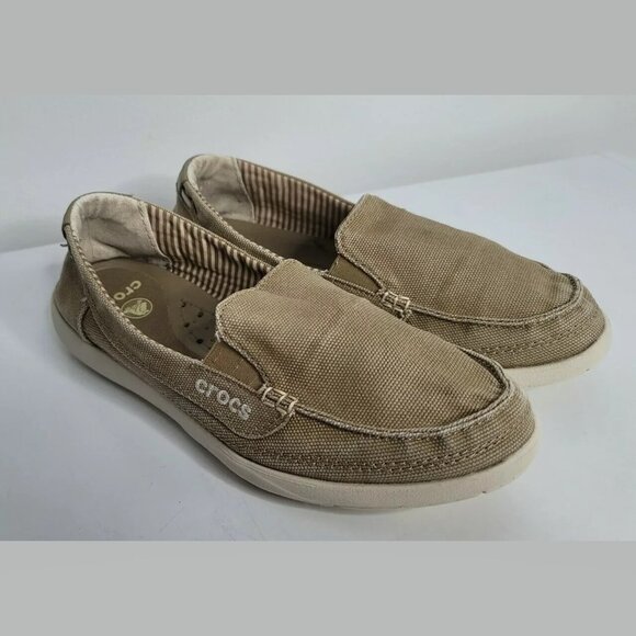 CROCS Womens Size 7 Walu Slip On Canvas Loafer Flat Brown Shoes 14391 - Picture 1 of 9